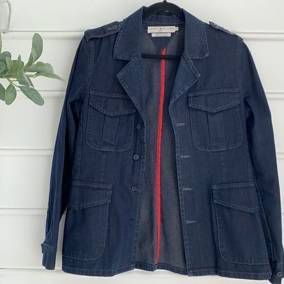 Vintage Tommy Hilfiger Military‎ Inspired Dark  Denim Utility Jacket Blue Medium - Picture 3 of 15